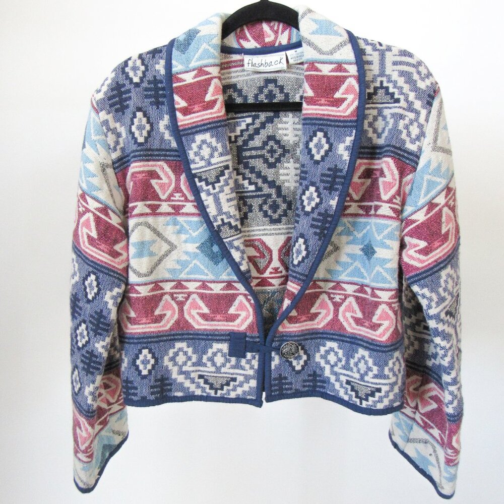 VINTAGE 90S TEXTILE CAMP JACKET WESTERN AZTEC PATTERN in Blue Multi Size/ Medium